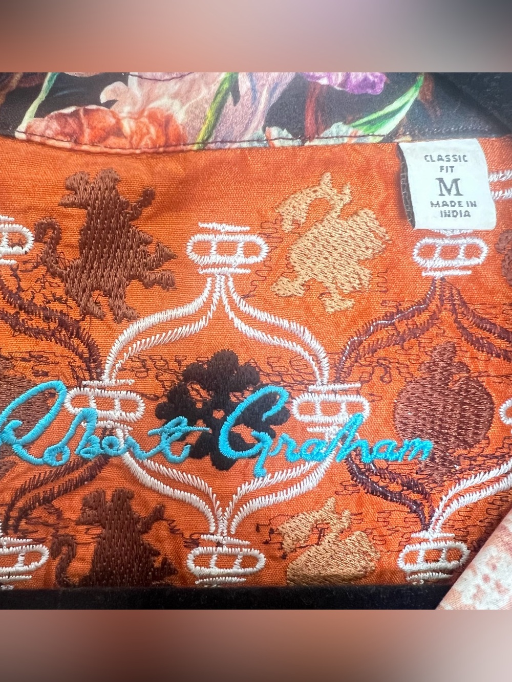 Robert Graham Medallion Floral Flip Cuff Button Down Shirt Orange Mens Sz M - Picture 8 of 12